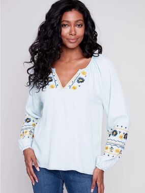 CHARLIE B Light Blue / Denim Colored  Embroidered Peasant Blouse